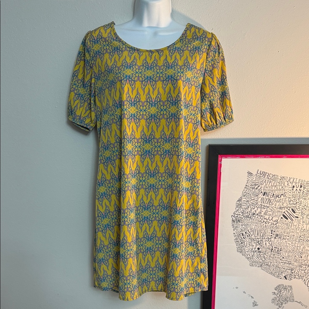Birdcage size S Buttery Yellow and Blue Patterned Dress EUC
